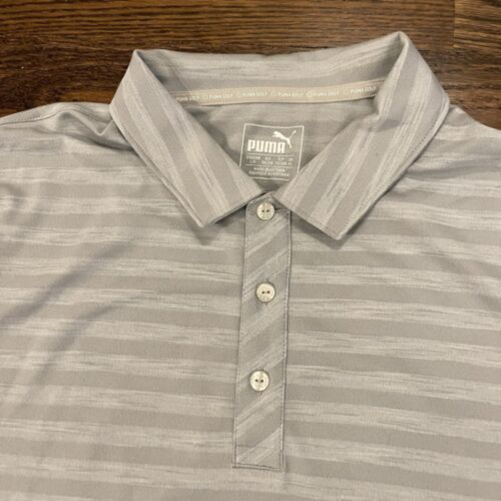 PUMA Golf Stripe Print Dry Cell Technology Performance Polo Shirt Large Gray - Picture 1 of 5